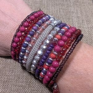 Boho Berry Tone Multi-Strand Stacked Beaded Statement Bracelet
